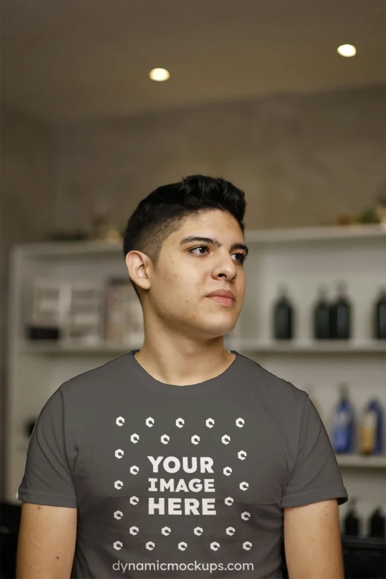 Man Wearing Dark Gray T-shirt Mockup Front View Template