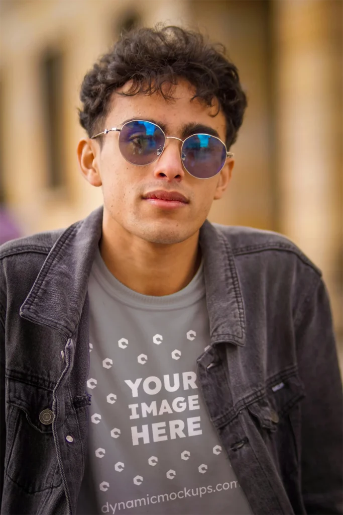 Man Wearing Gray T-shirt Mockup Front View Template