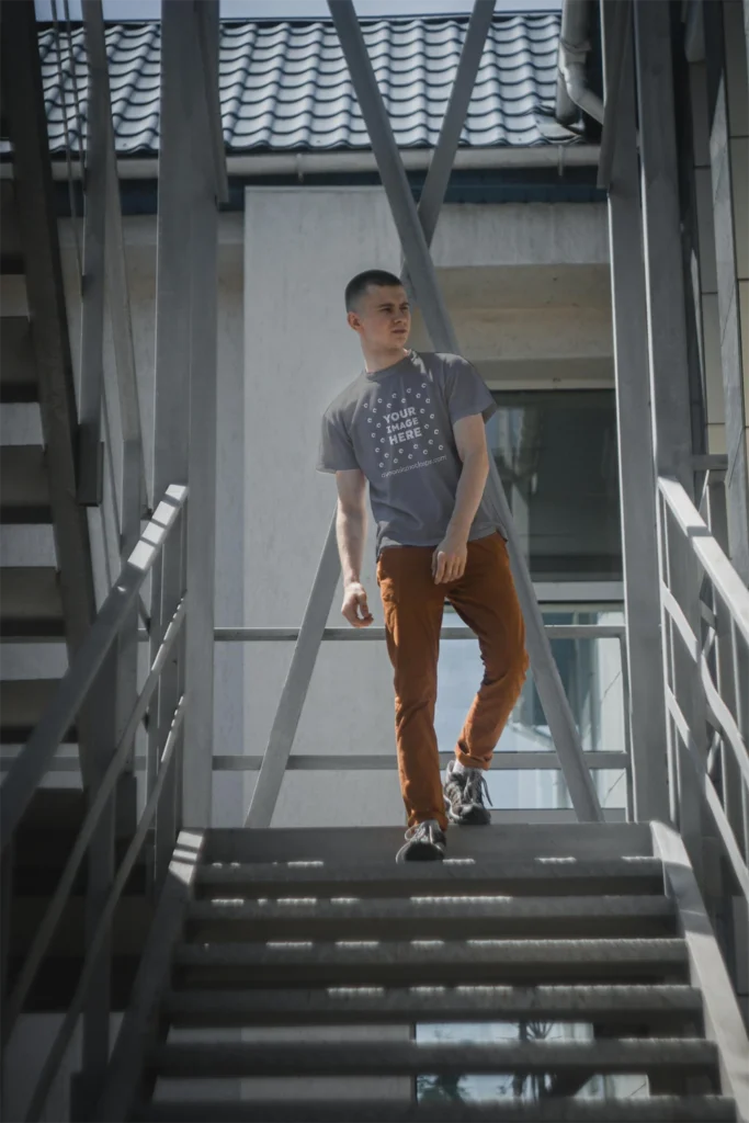 Man Wearing Gray T-shirt Mockup Front View Template