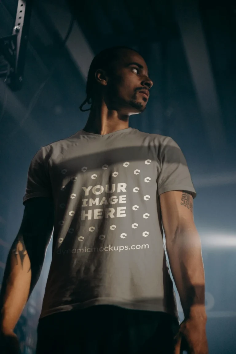 Man Wearing Gray T-shirt Mockup Front View Template