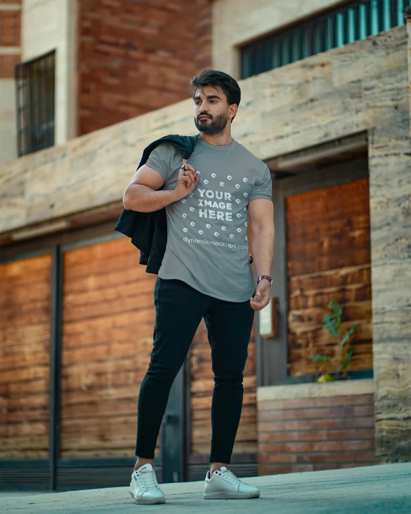 Man Wearing Gray T-shirt Mockup Front View Template