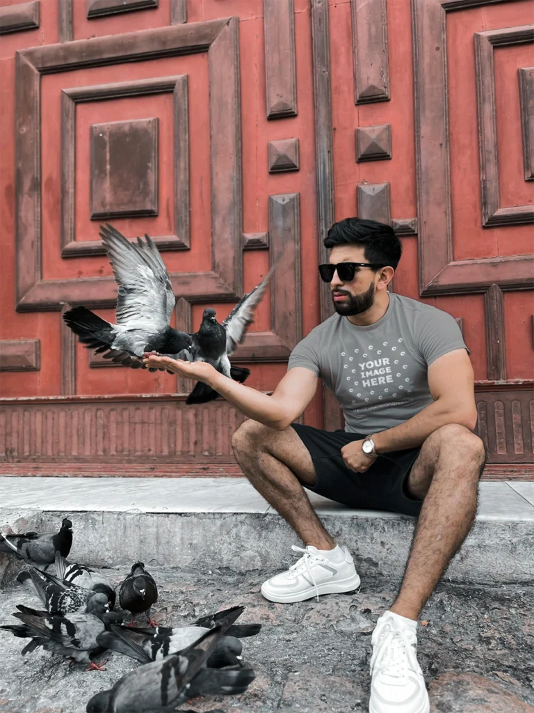 Man Wearing Gray T-shirt Mockup Front View Template