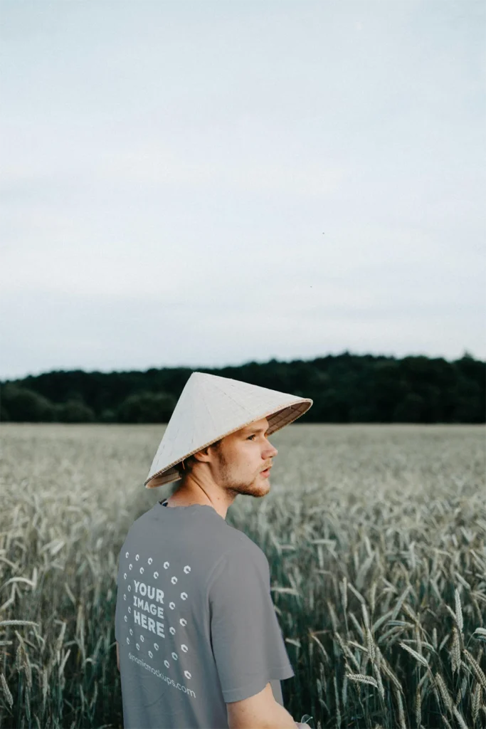 Man Wearing Gray T-shirt Mockup Front View Template