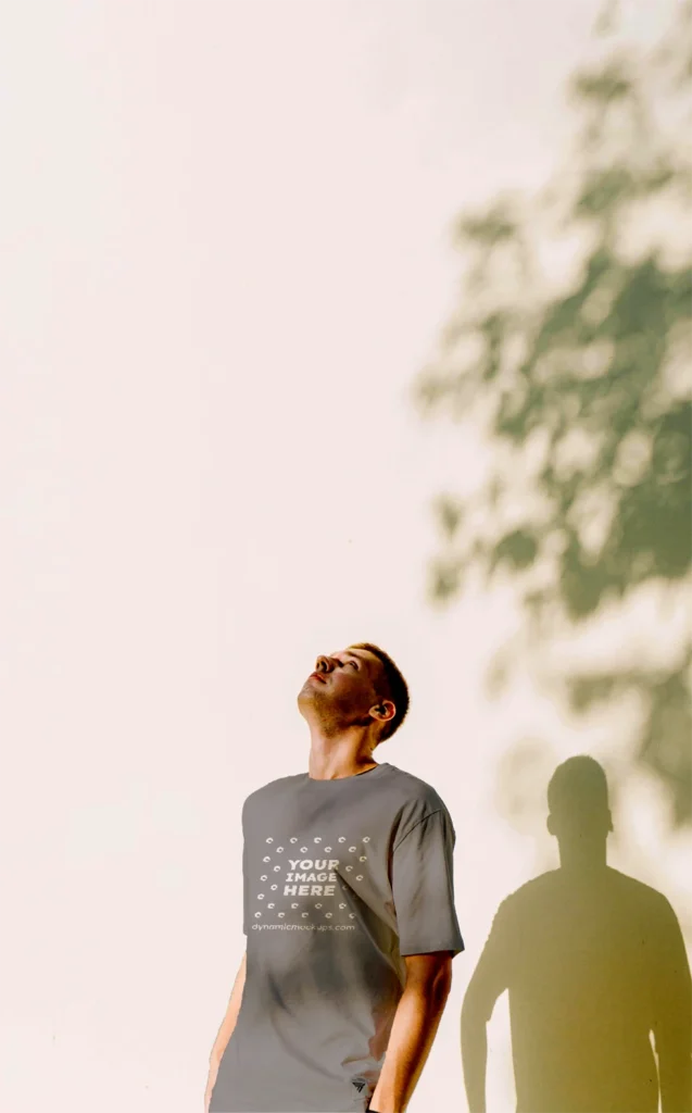 Man Wearing Gray T-shirt Mockup Front View Template