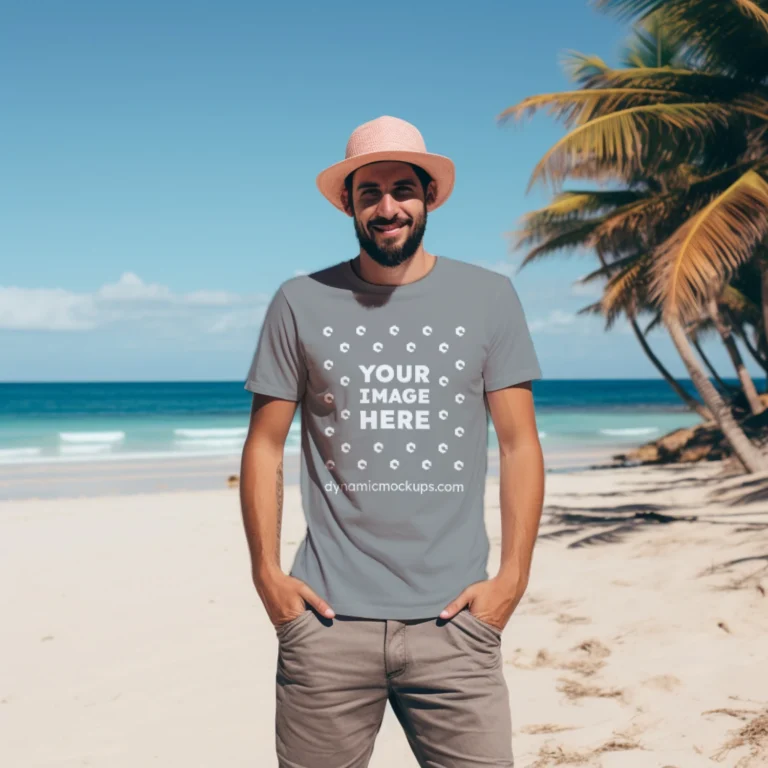 Man Wearing Gray T-shirt Mockup Front View Template