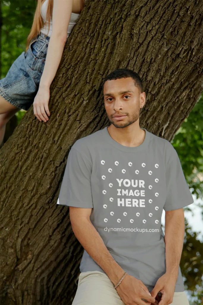 Man Wearing Gray T-shirt Mockup Front View Template