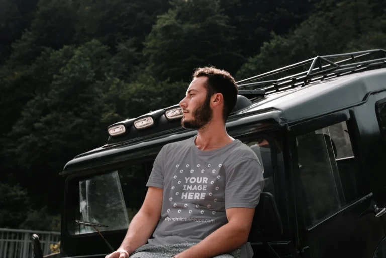 Man Wearing Gray T-shirt Mockup Front View Template