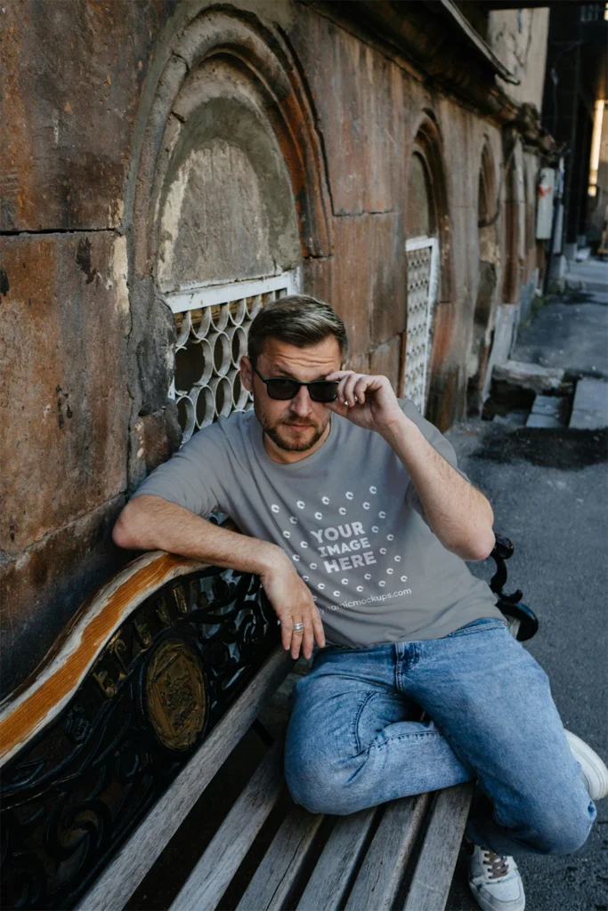 Man Wearing Gray T-shirt Mockup Front View Template