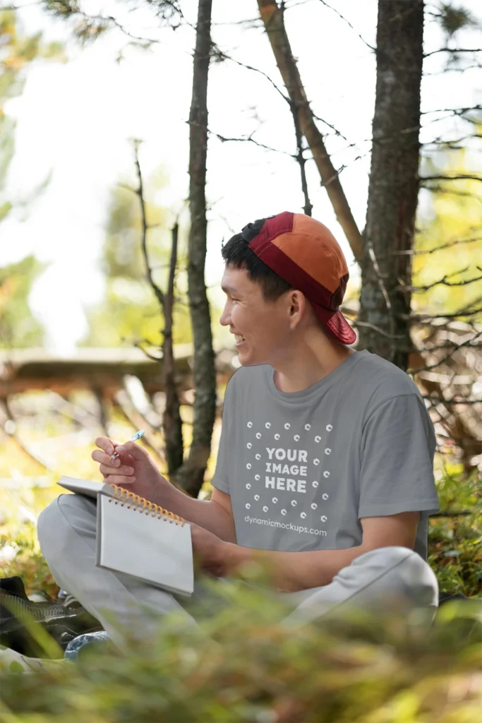 Man Wearing Gray T-shirt Mockup Front View Template