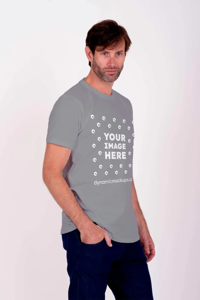 Man Wearing Gray T-shirt Mockup Side View Template