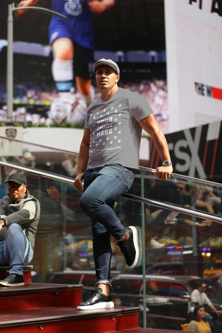 Man Wearing Gray T-shirt Mockup Front View Template