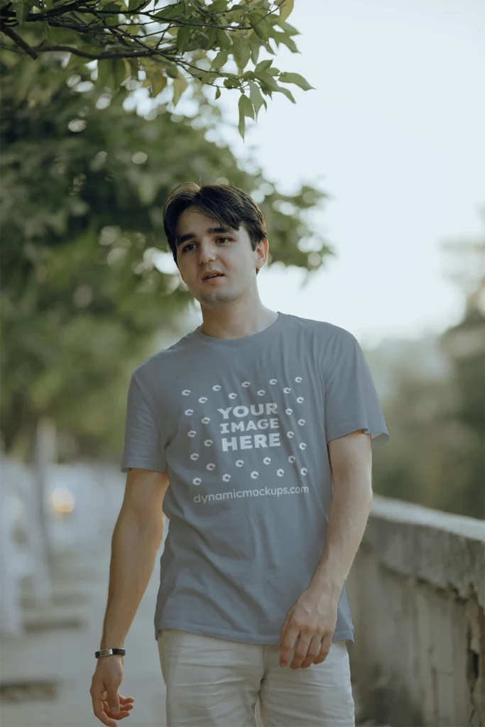 Man Wearing Gray T-shirt Mockup Front View Template