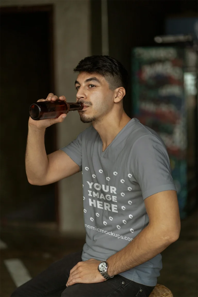 Man Wearing Gray T-shirt Mockup Side View Template