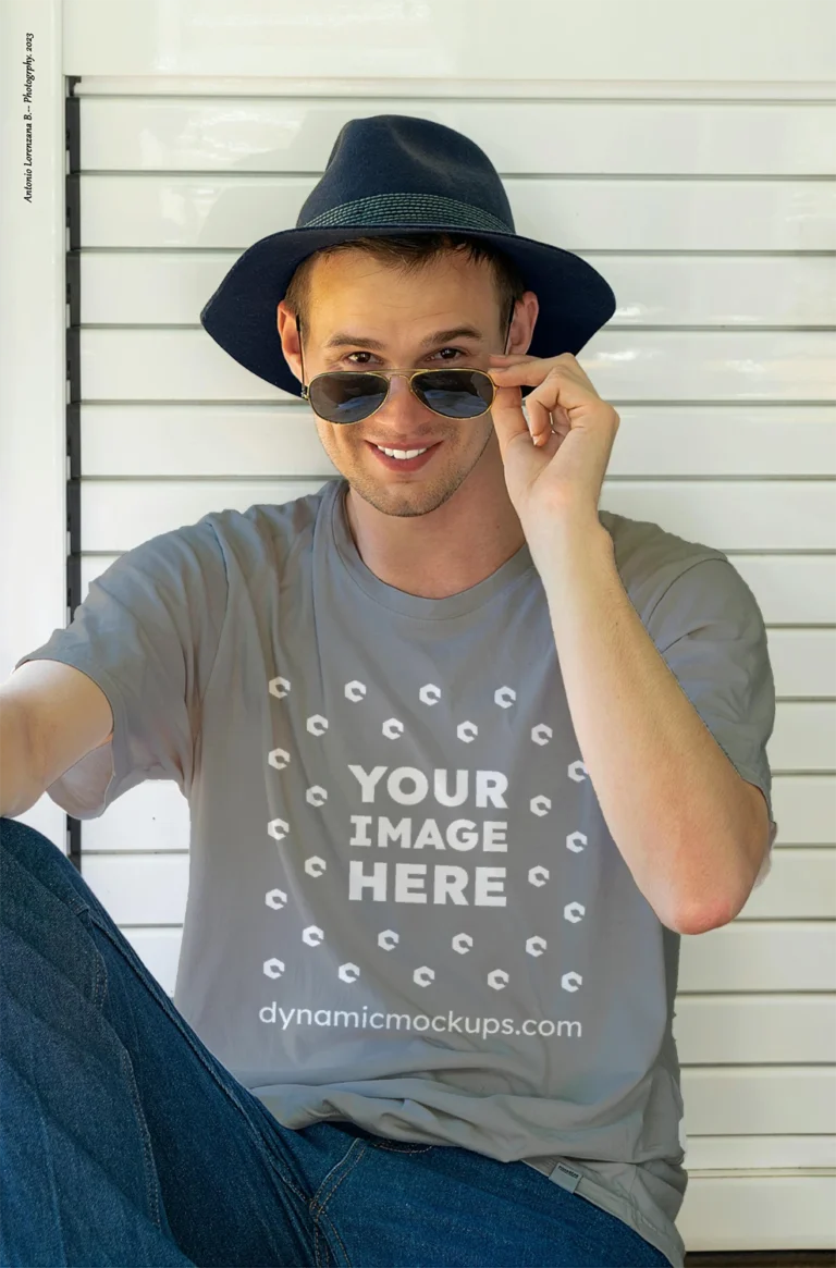 Man Wearing Gray T-shirt Mockup Front View Template