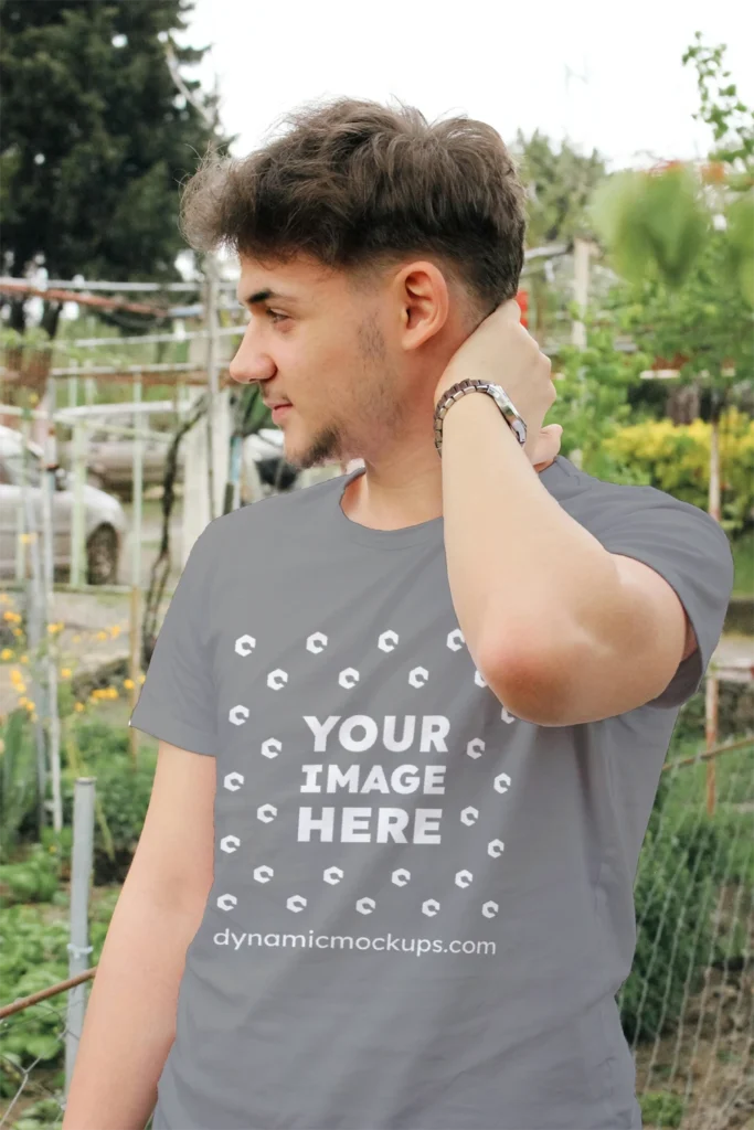 Man Wearing Gray T-shirt Mockup Front View Template