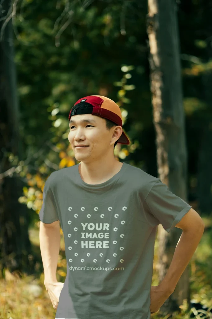 Man Wearing Gray T-shirt Mockup Front View Template