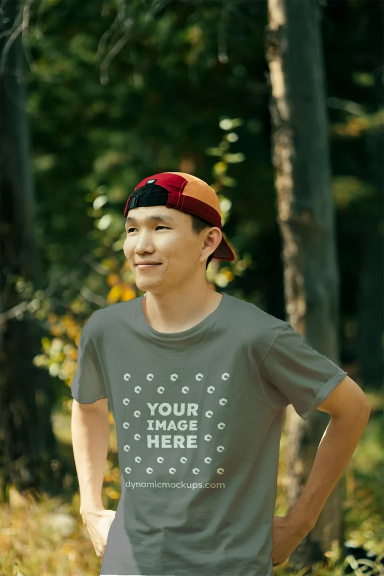 Man Wearing Gray T-shirt Mockup Front View Template