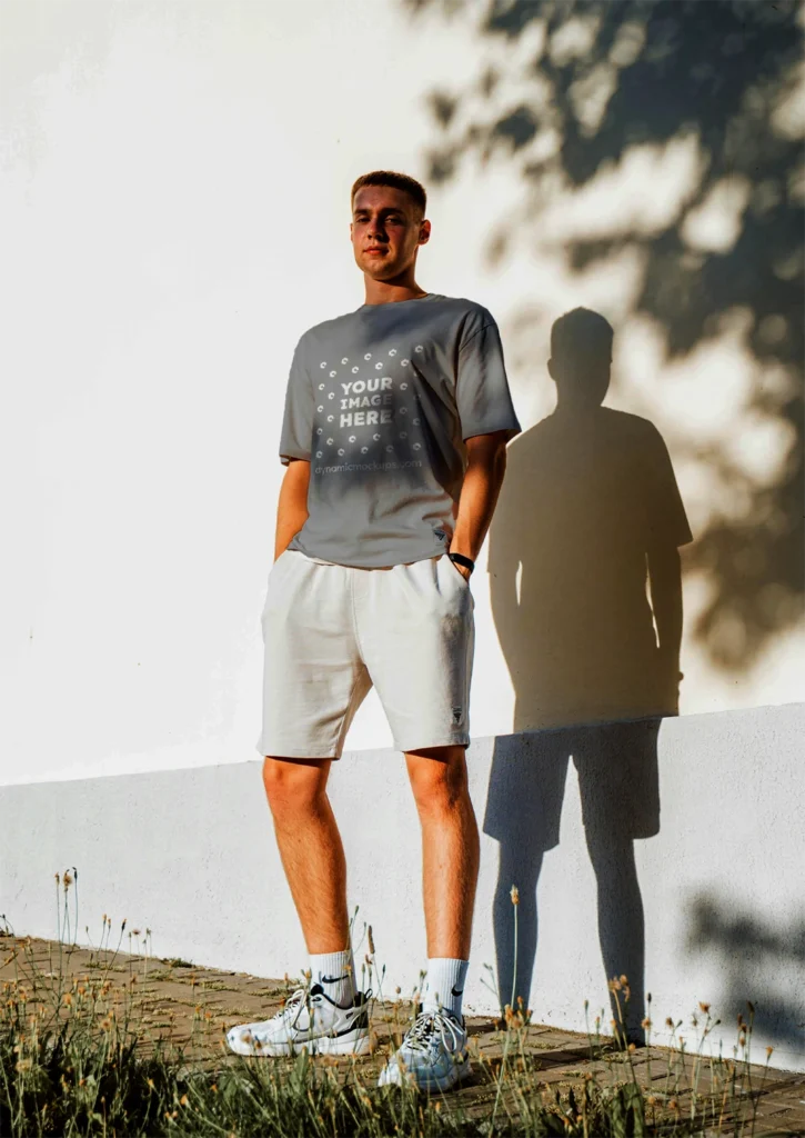 Man Wearing Gray T-shirt Mockup Front View Template