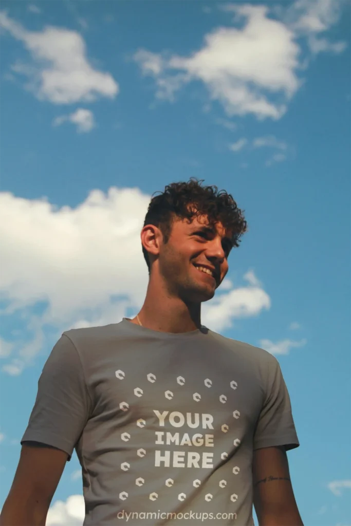 Man Wearing Gray T-shirt Mockup Front View Template