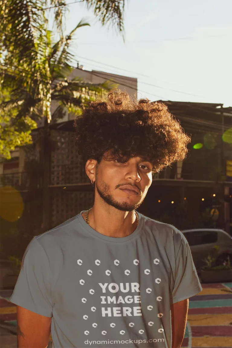 Man Wearing Gray T-shirt Mockup Front View Template