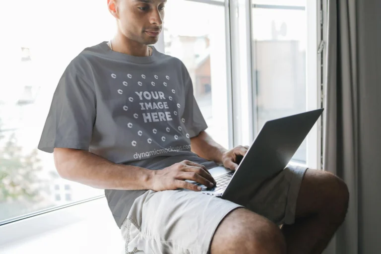 Man Wearing Gray T-shirt Mockup Front View Template