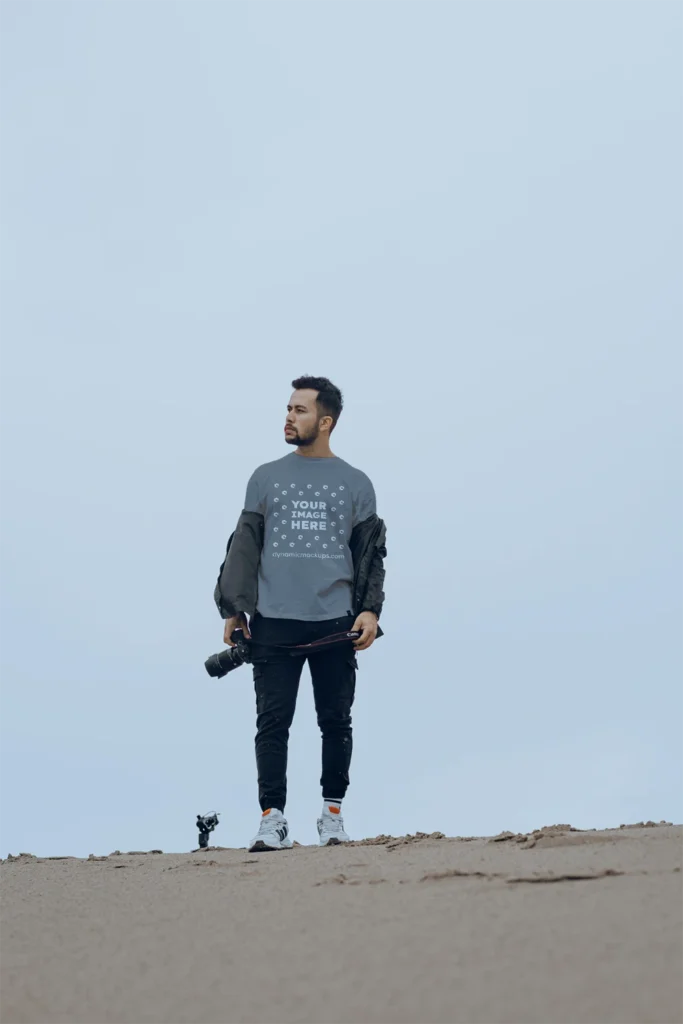 Man Wearing Gray T-shirt Mockup Front View Template