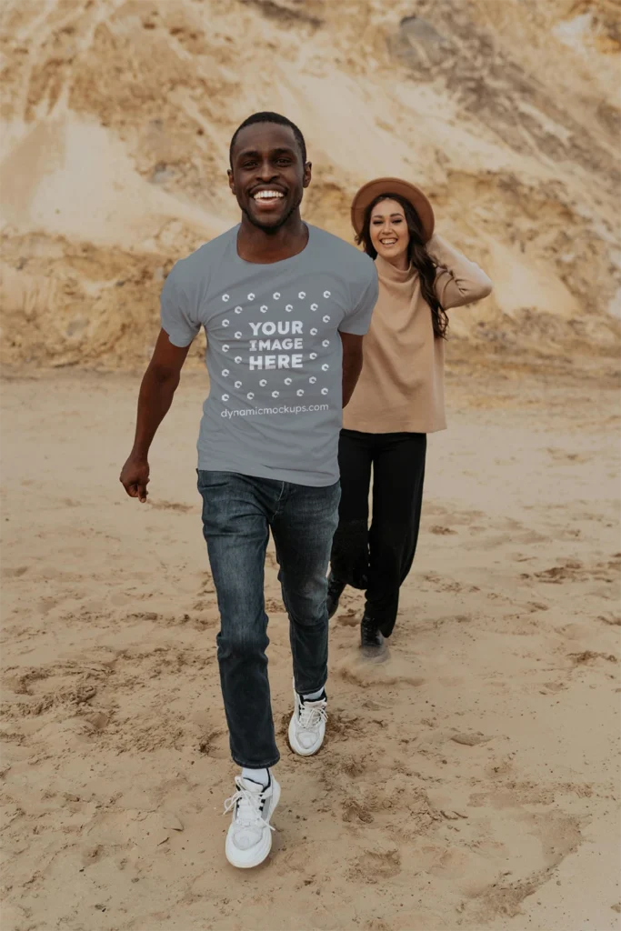 Man Wearing Gray T-shirt Mockup Front View Template