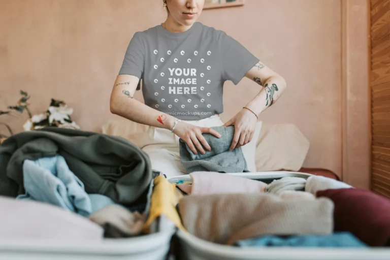 Man Wearing Gray T-shirt Mockup Front View Template