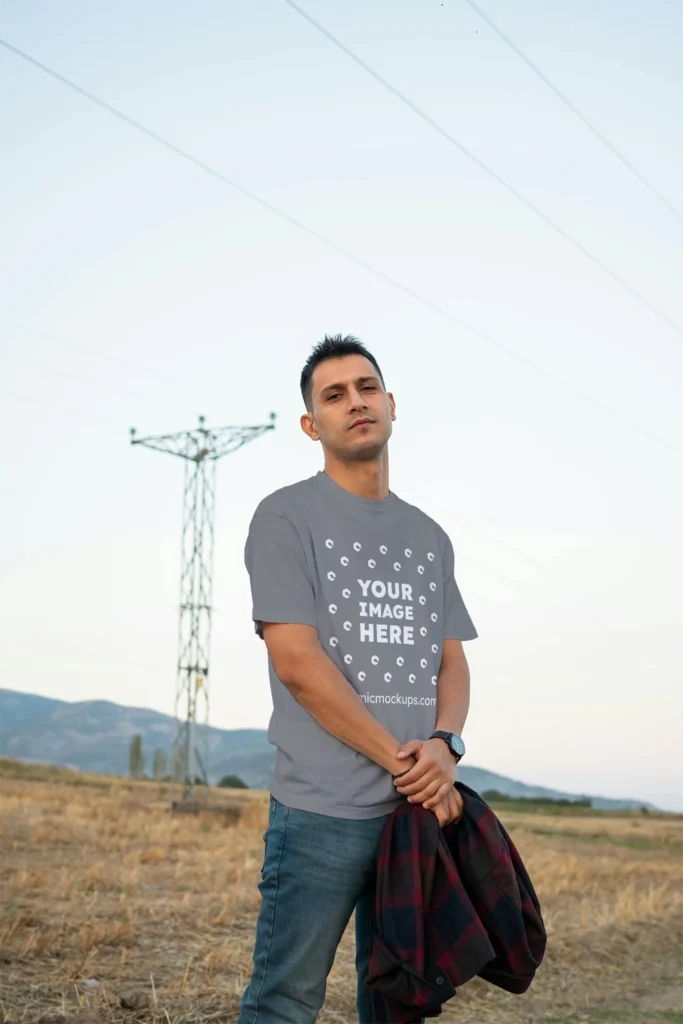 Man Wearing Gray T-shirt Mockup Front View Template