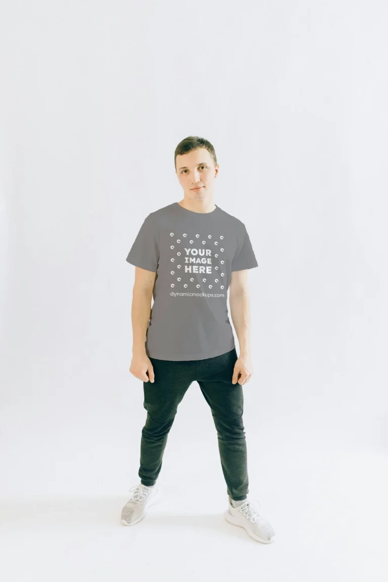 Man Wearing Gray T-shirt Mockup Front View Template