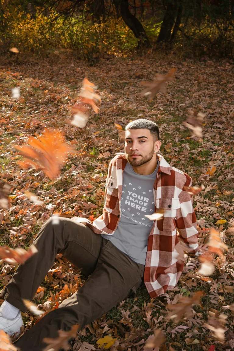 Man Wearing Gray T-shirt Mockup Front View Template