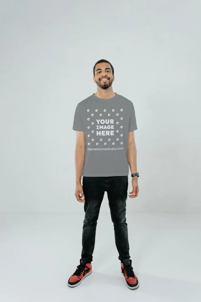 Man Wearing Gray T-shirt Mockup Front View Template