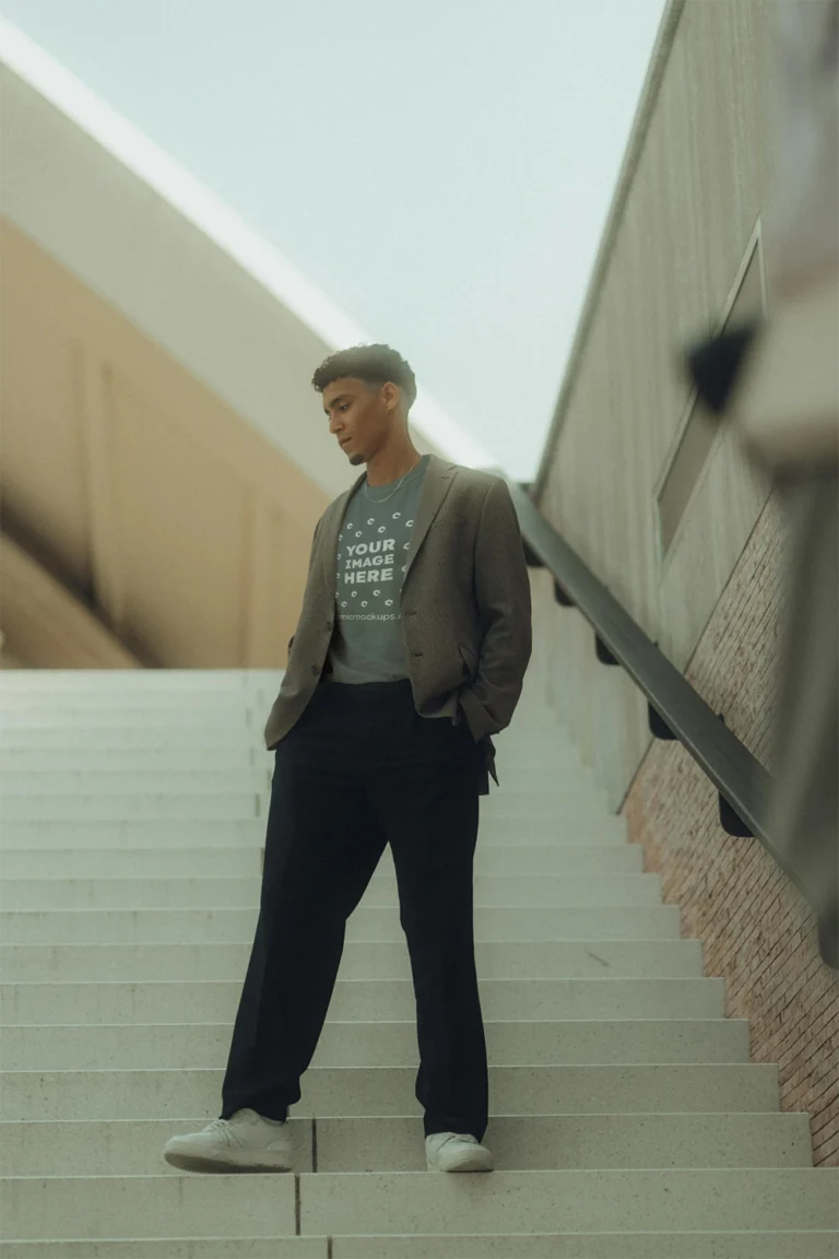 Man Wearing Gray T-shirt Mockup Front View Template