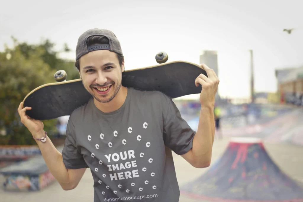 Man Wearing Gray T-shirt Mockup Front View Template