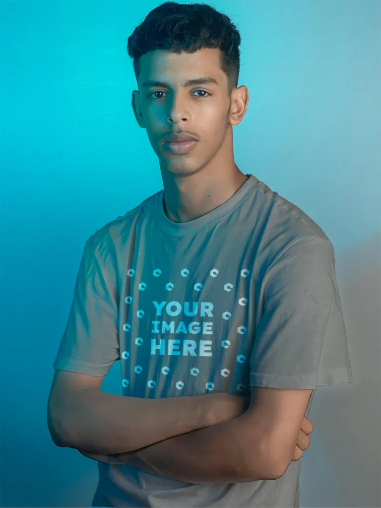 Man Wearing Gray T-shirt Mockup Front View Template