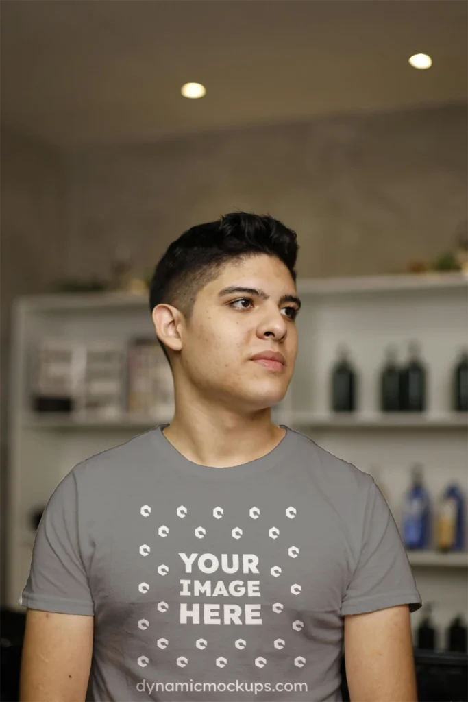 Man Wearing Gray T-shirt Mockup Front View Template