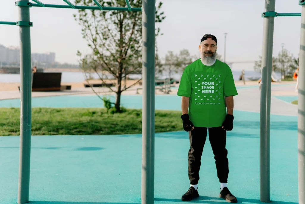 Man Wearing Green T-shirt Mockup Front View Template