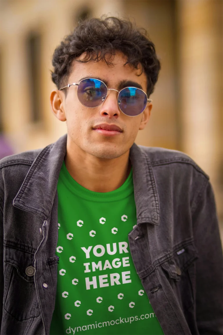 Man Wearing Green T-shirt Mockup Front View Template