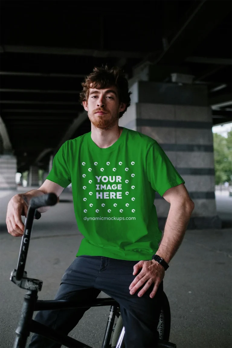 Man Wearing Green T-shirt Mockup Front View Template