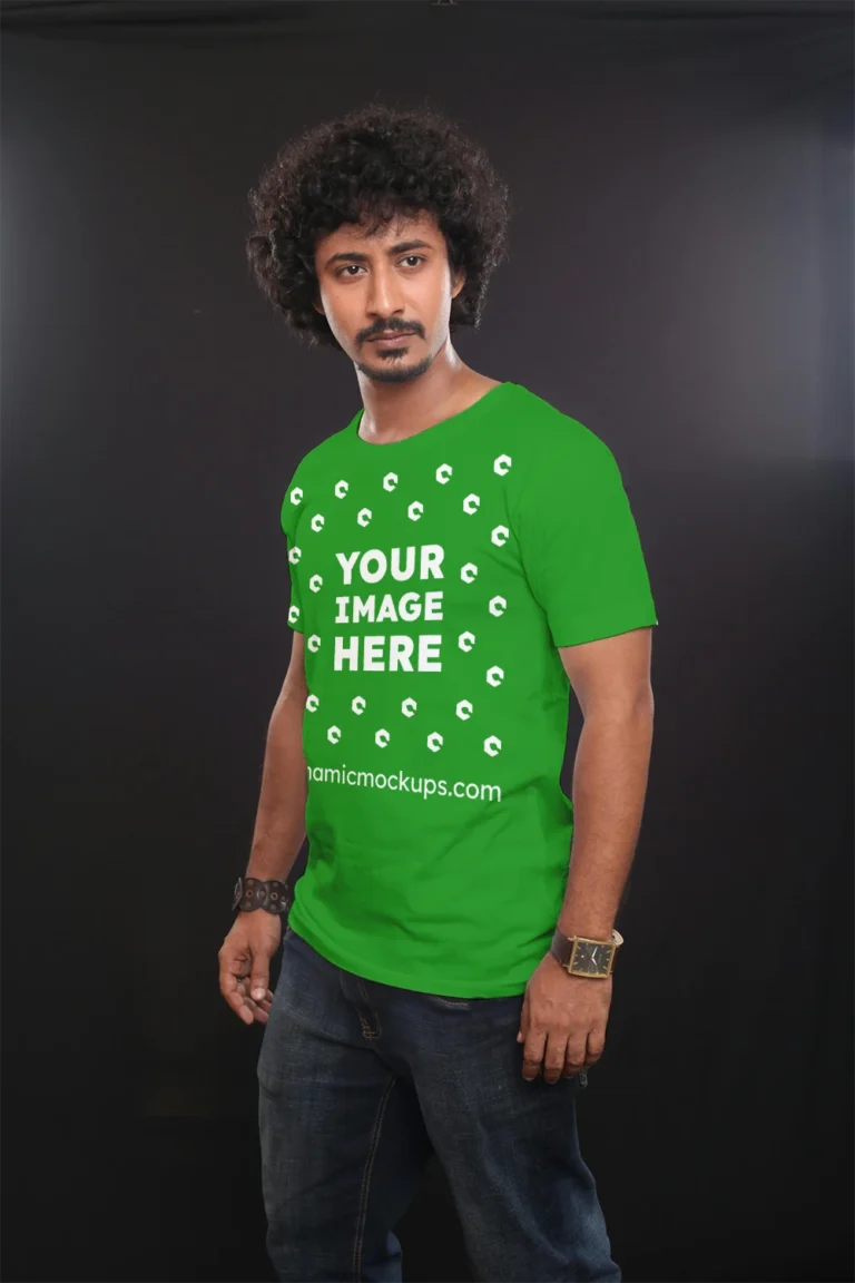 Man Wearing Green T-shirt Mockup Front View Template