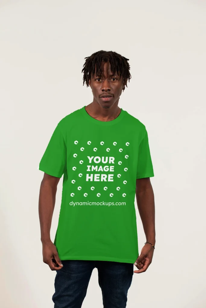 Man Wearing Green T-shirt Mockup Front View Template