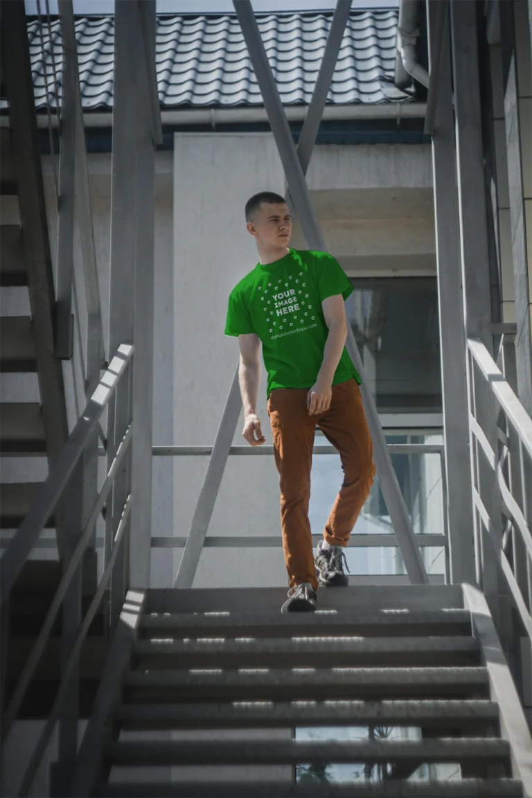 Man Wearing Green T-shirt Mockup Front View Template