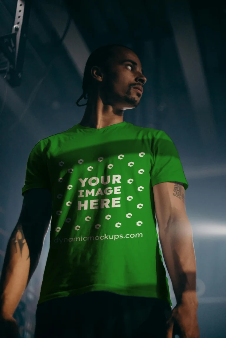 Man Wearing Green T-shirt Mockup Front View Template