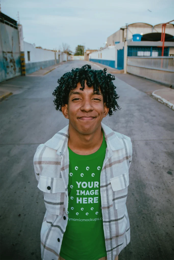 Man Wearing Green T-shirt Mockup Front View Template