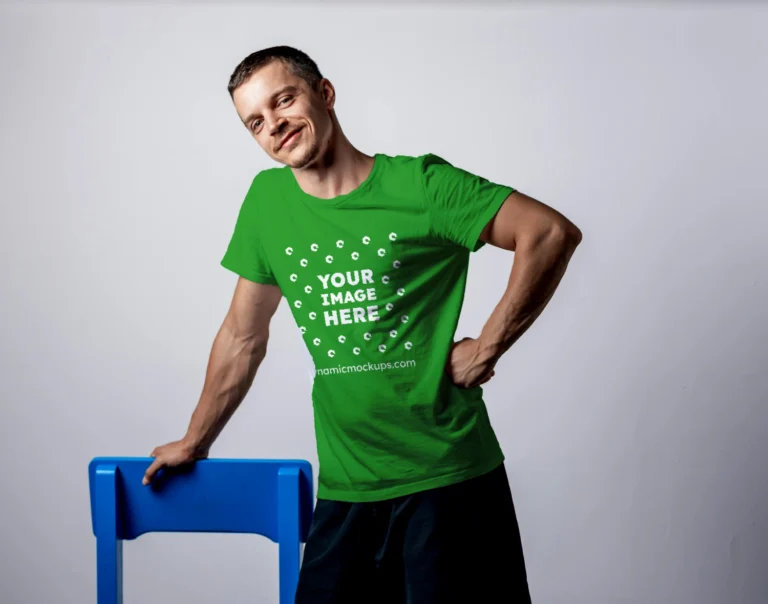 Man Wearing Green T-shirt Mockup Front View Template