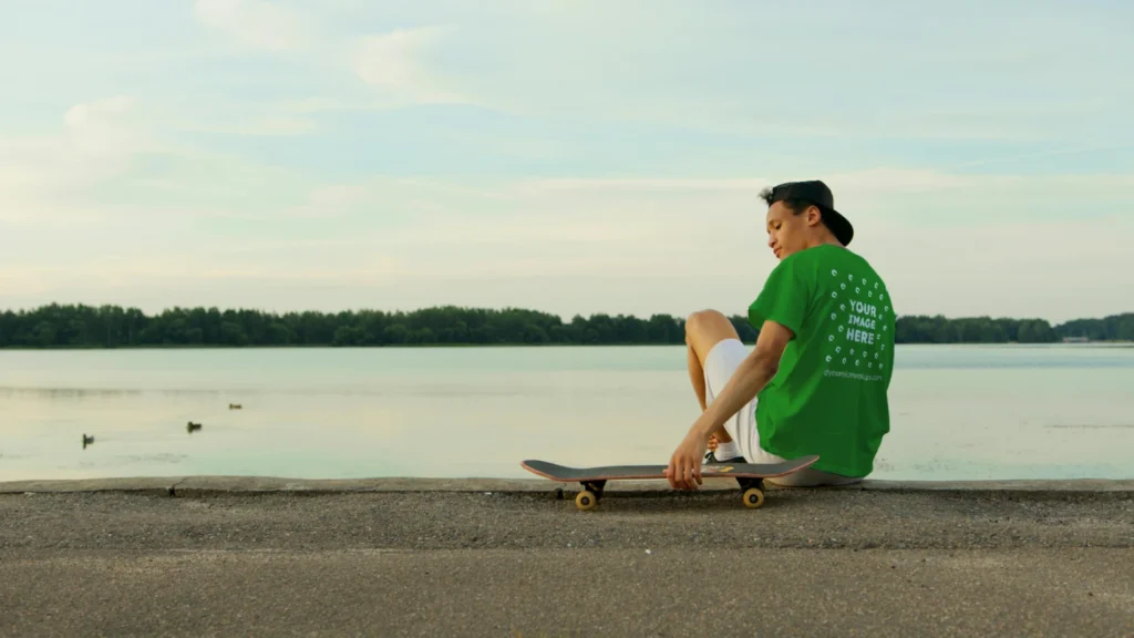 Man Wearing Green T-shirt Mockup Front View Template