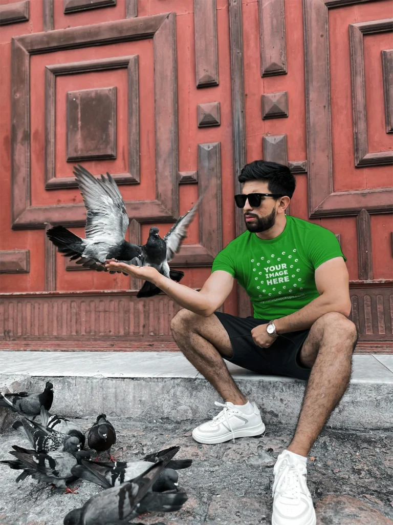 Man Wearing Green T-shirt Mockup Front View Template