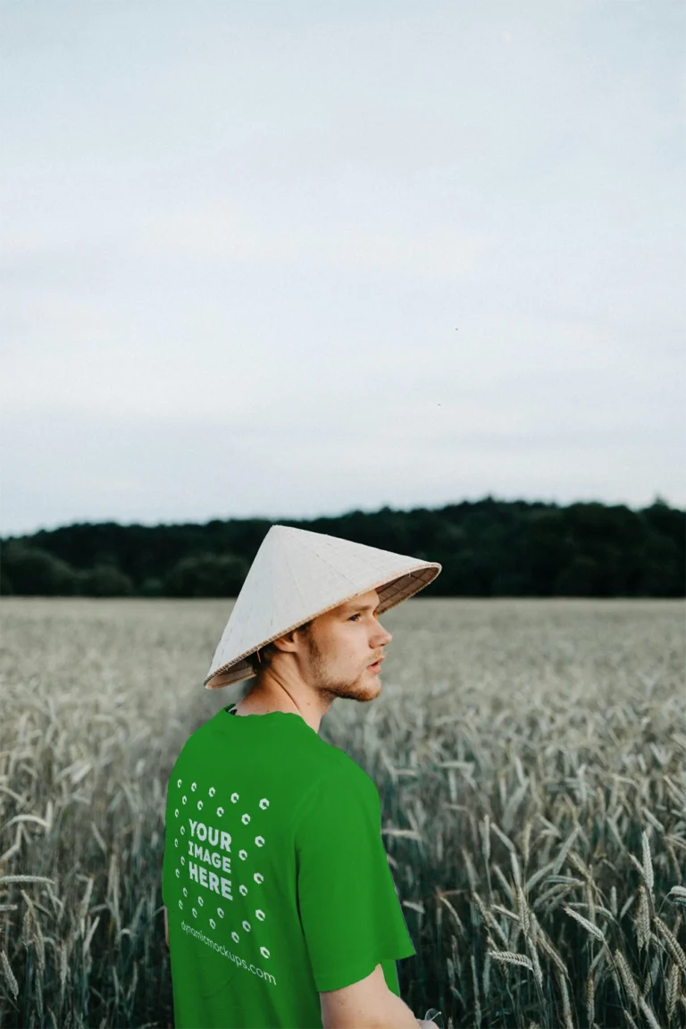 Man Wearing Green T-shirt Mockup Front View Template