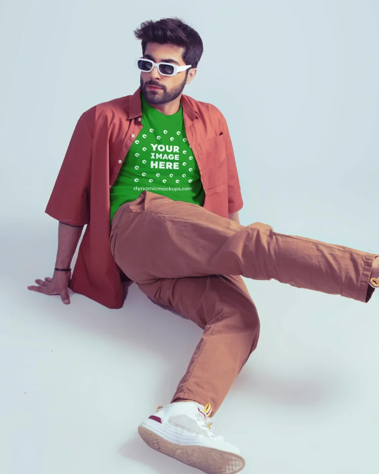 Man Wearing Green T-shirt Mockup Front View Template