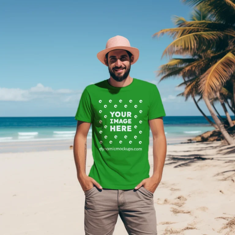 Man Wearing Green T-shirt Mockup Front View Template